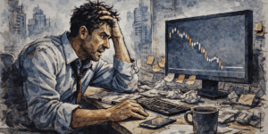 A stressed trader sitting alone and analyzing charts, representing unstructured trading and lack of discipline.