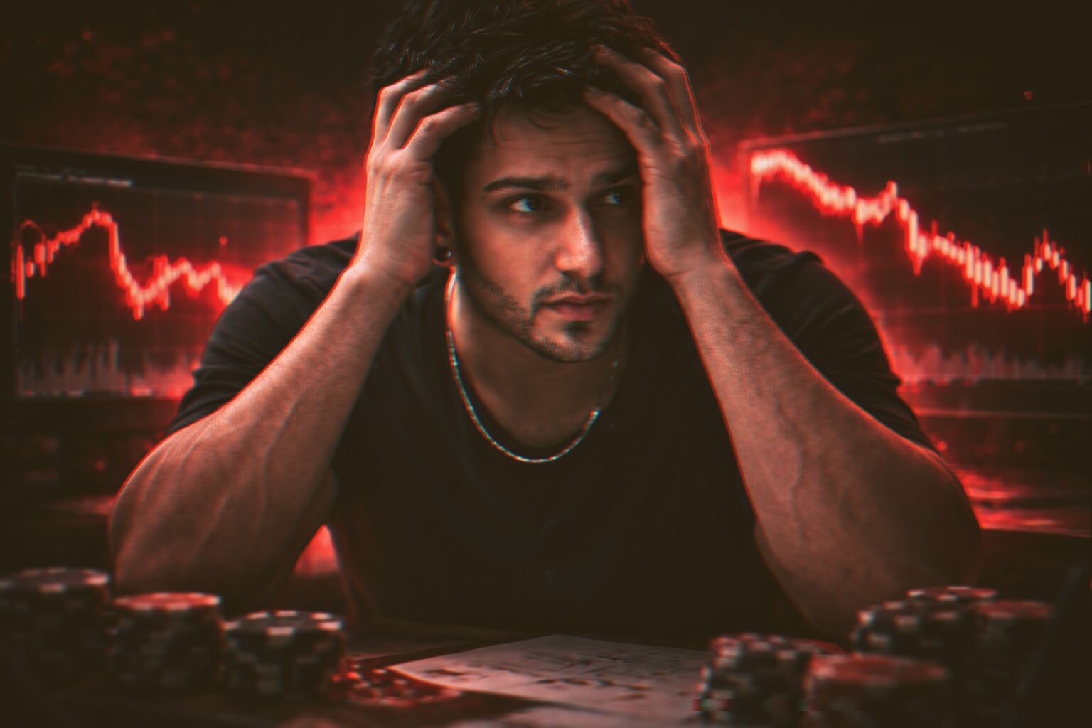 Stressed trader surrounded by market charts and casino chips representing the gambler’s fallacy in trading psychology.