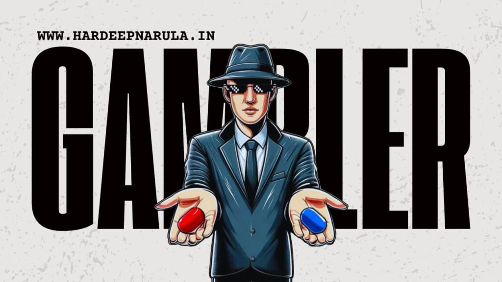 Gambling mindset in trading illustration showing a gambler offering two choices.