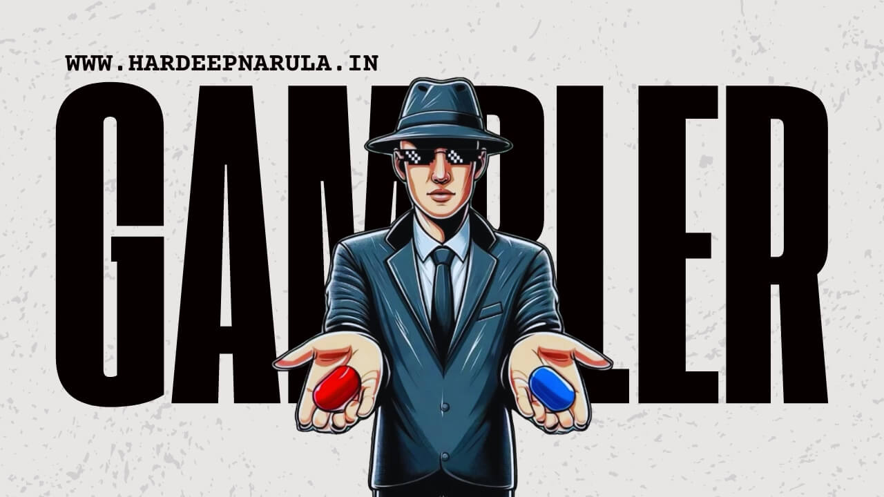 Gambling mindset in trading illustration showing a gambler offering two choices.