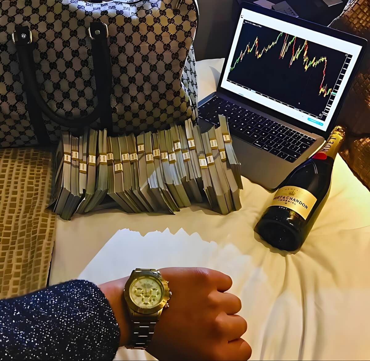 Fake trading guru lifestyle setup with stacks of cash, luxury bag, champagne bottle, expensive watch, and trading charts on a laptop screen.