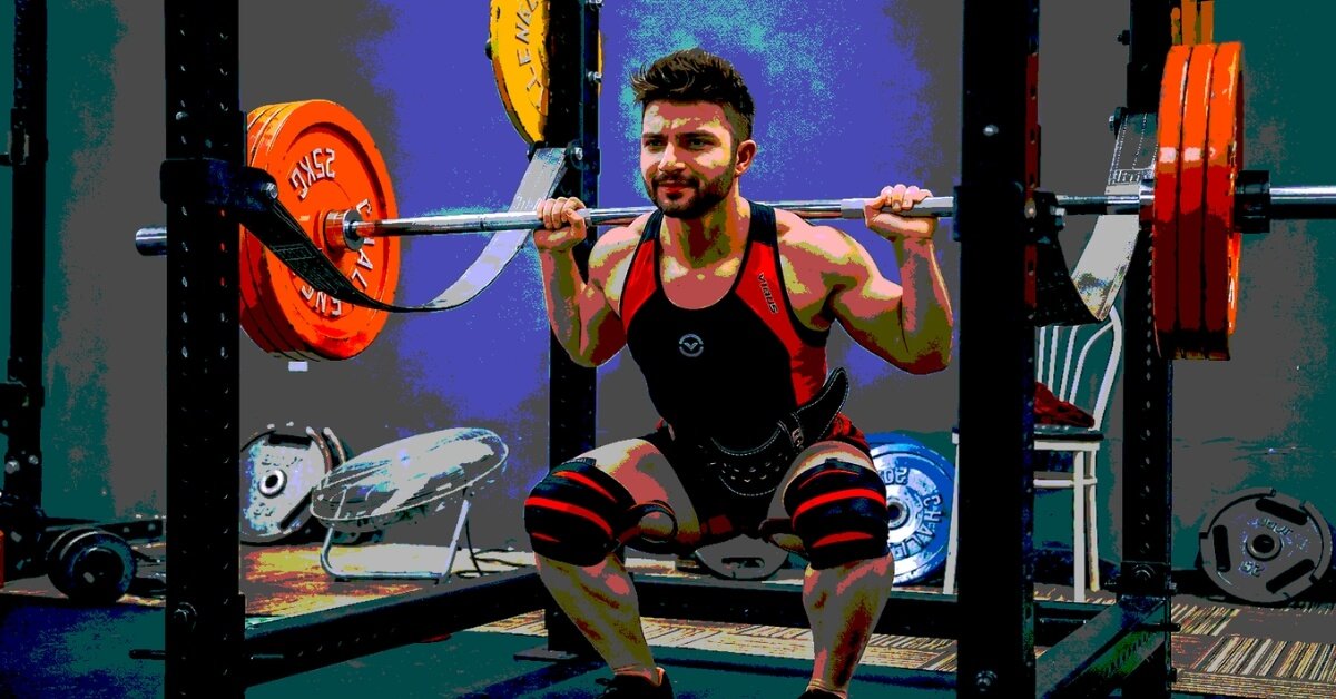 Hardeep Narula performing a heavy barbell back squat in a gym, positioned inside a squat rack with weight plates loaded on both sides. The image has a high-contrast, stylized fitness aesthetic.