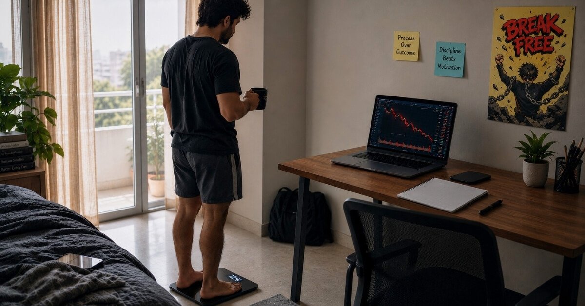 Man checking his weight on a scale while watching a red trading chart.