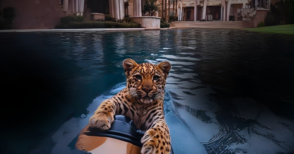 A young leopard riding a small boat through a luxury residential pool, enjoying its freedom.